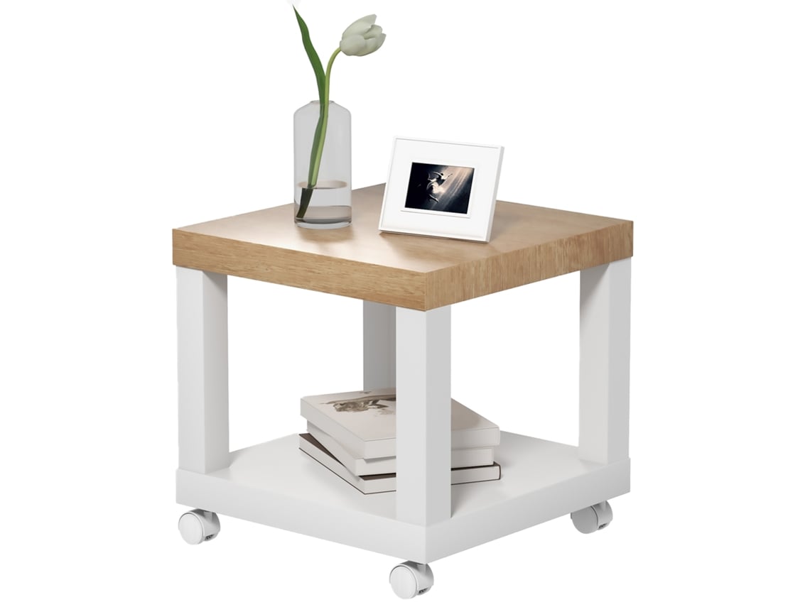 Mesa auxiliar com rodas, 40x40x40cm, natural e branco ORBITRA COMMERCE