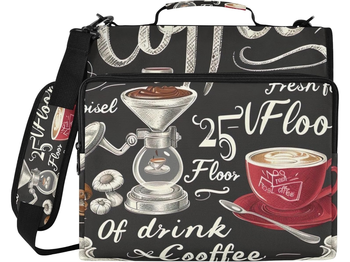 Pasta Com Tema De Café, Organizador Com Zíper, Fichário De 3 Argolas Com Compartimento Laptop E Tecido Impermeável