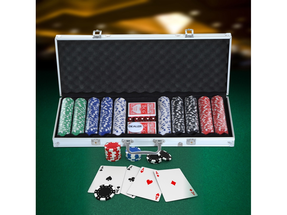 Conjunto De Poker Com 500 Fichas, 2 Baralhos E 5 Dados Em Maleta De Alumínio 55,5x22x6,5cm Para Noites De Jogo Ehstmind
