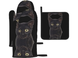 Conjunto De 3 Luvas Forno Com Prendedores Para Churrasco, Estampa De Gato Preto