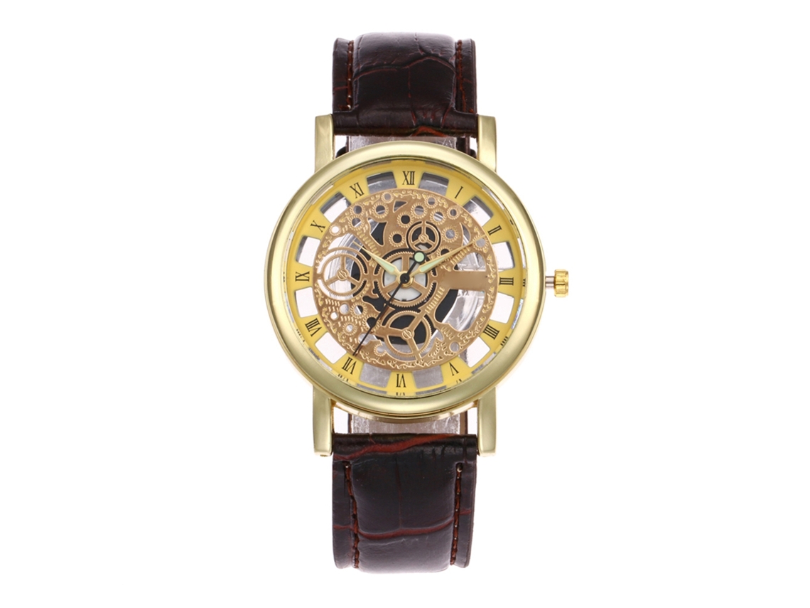 Relógio de pulso analógico de quartzo com pulseira de couro PU e mostrador redondo para homens e mulheres (marrom dourado)
