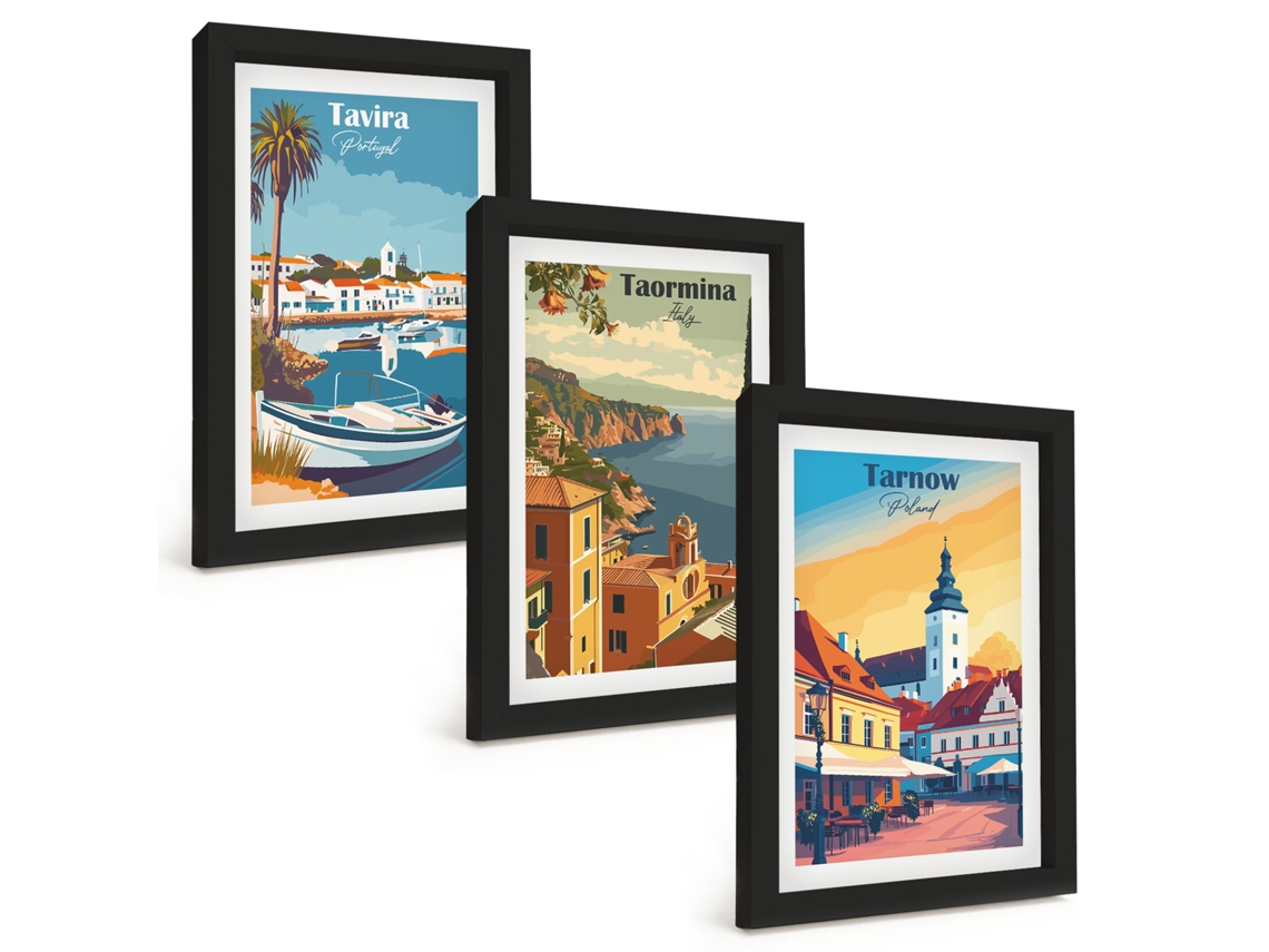 Um Conjunto De Imagens Decorativas Em Uma Molduravistas De Cidades Costeiras Moldura Preta Pinturas De Quarto Espelharte (3 Peças 20x30 Cm)