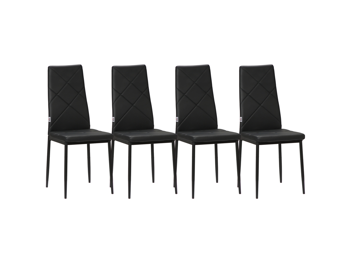 Conjunto Cadeiras Pretas Couro Encosto Alto Costura Diamante Pernas Aço Modernas 4
