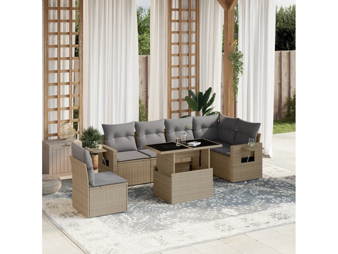 Vidaxl 7 Pcs Conjunto De Sofás P/ Jardim Com Almofadões Vime Pe Bege