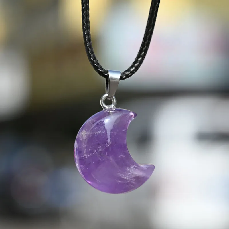 Colar com Pingente de Cruz em Ametista Natural , Design Encantador de Estrela e Lua para Mulheres, Cristal de Cura. MDUG (lua)