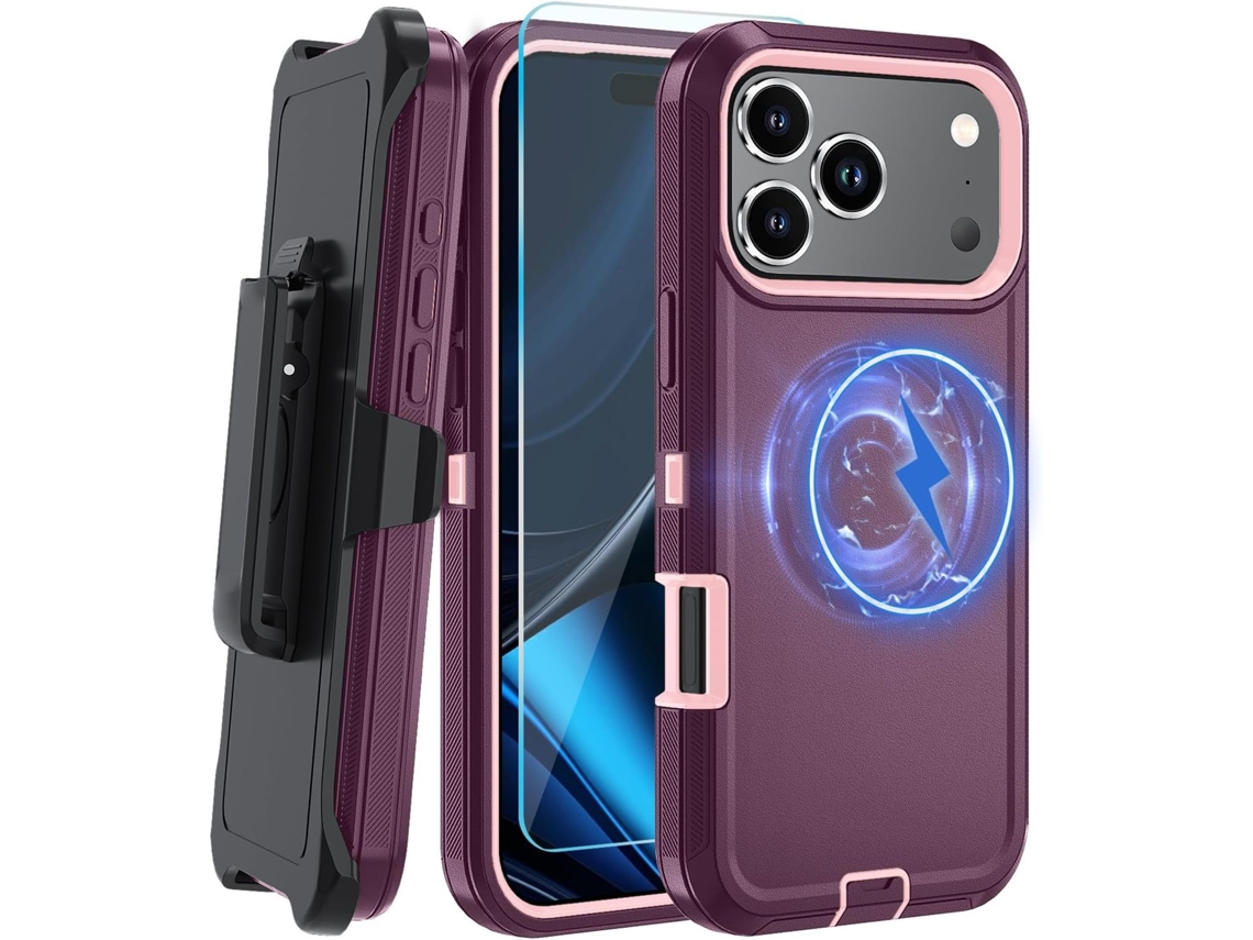 Capa Hexinyigjly Para Iphone 17 Pro Max Com Clip De Cinto, Proteção Tripla Contra Choques E Compatível Com Carregamento Magnético Vermelho Escuro
