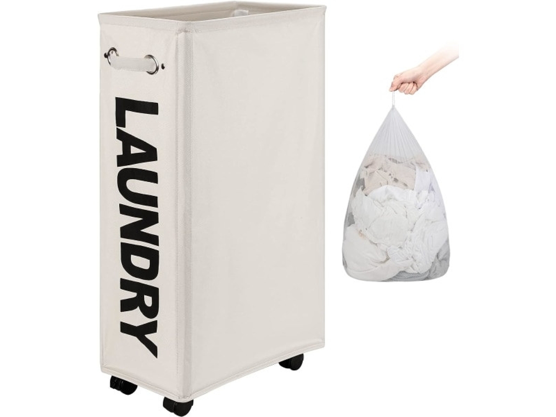 Cesto de Roupa Extra Fino com Saco de Roupa Removível e Rodas, Cesto de Roupa Dobrável com Rodinhas BRILVIBERA