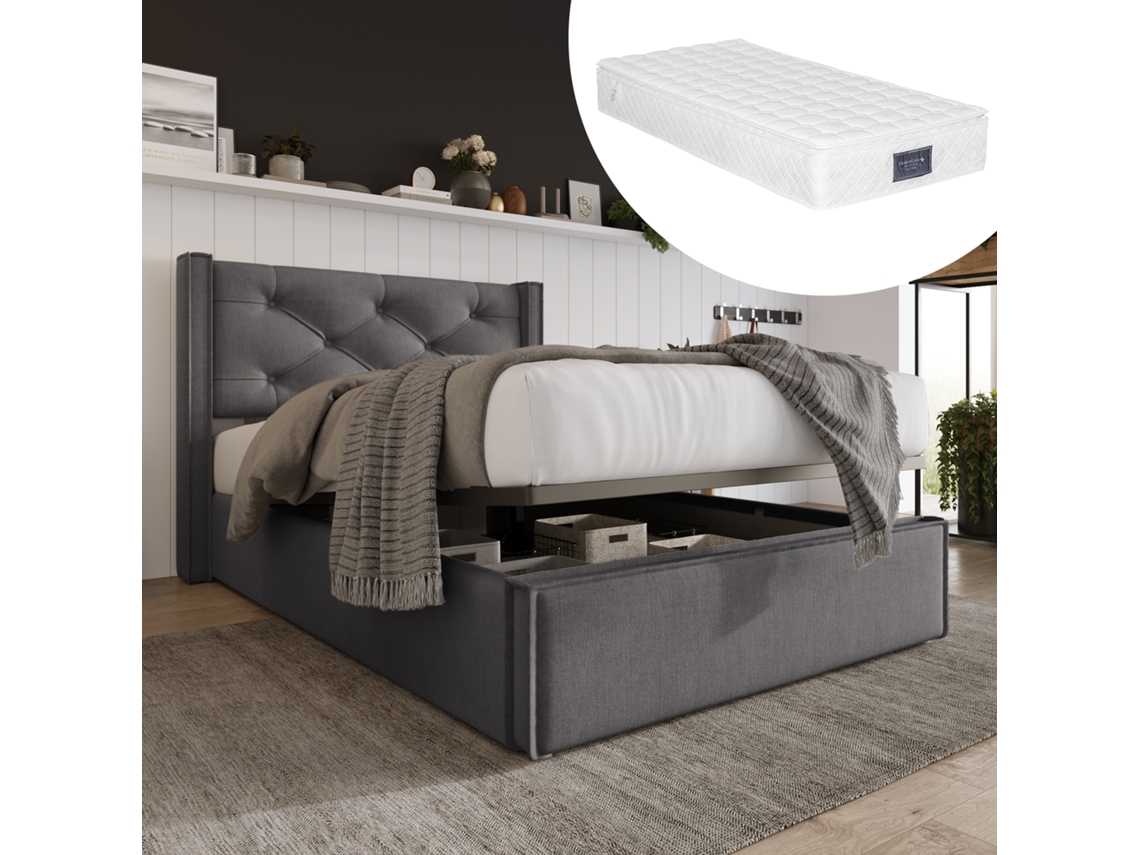 Cama Solteiro Cinza Claro 90x200cm Estofada, Algodão, Hidráulica (c/ Colchão).-op