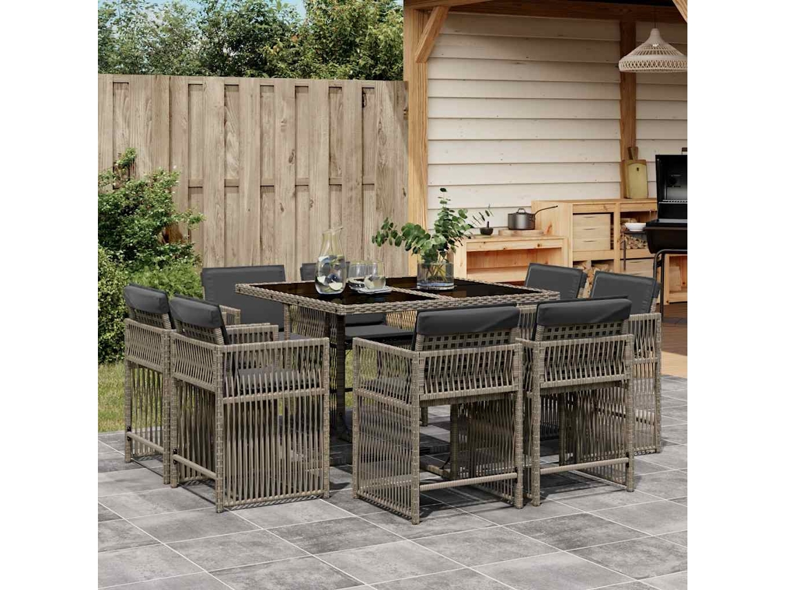 Vidaxl 9 Pcs Conjunto De Jantar P/ Jardim C/ Almofadões Vime Pe Cinza