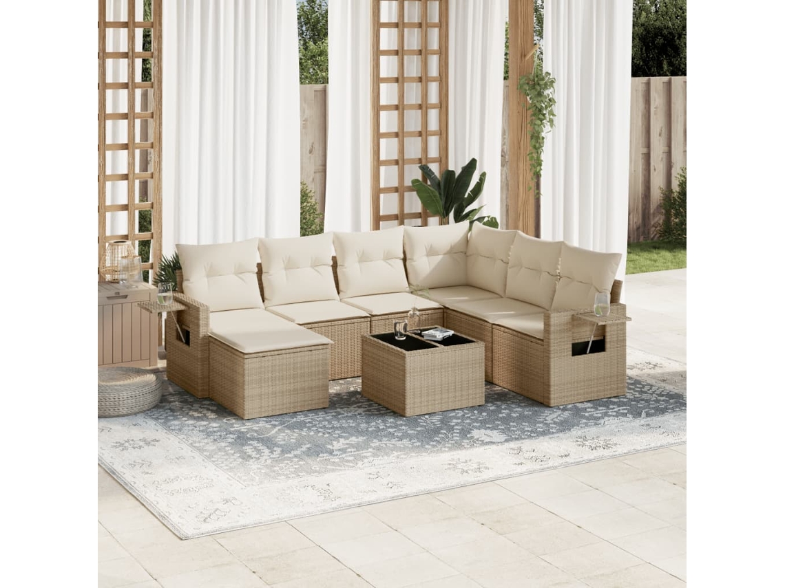 8 Pcs Conjunto De Sofás P/ Jardim Com Almofadões Vime Pe Bege Dkd Home Decor