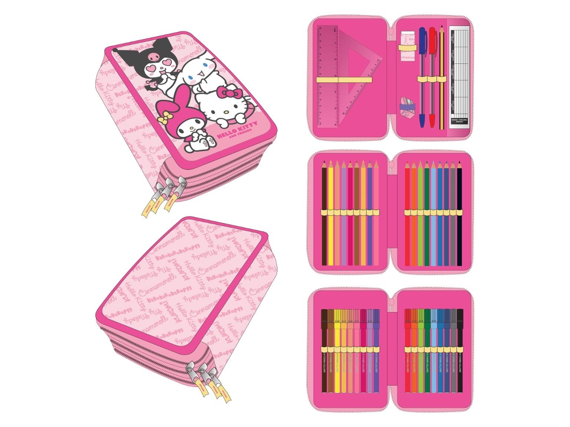 Estojo Escolar Infantil 3 Compartimentos Com Marcadores E Lápis De Cor Hello Kitty