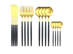 Conjunto de Jantar de 16 Peças em Aço Inoxidável e Vidro , Incluindo Faca, Colher, Garfo e Guardanapo. MDUG (preto e Dourado)