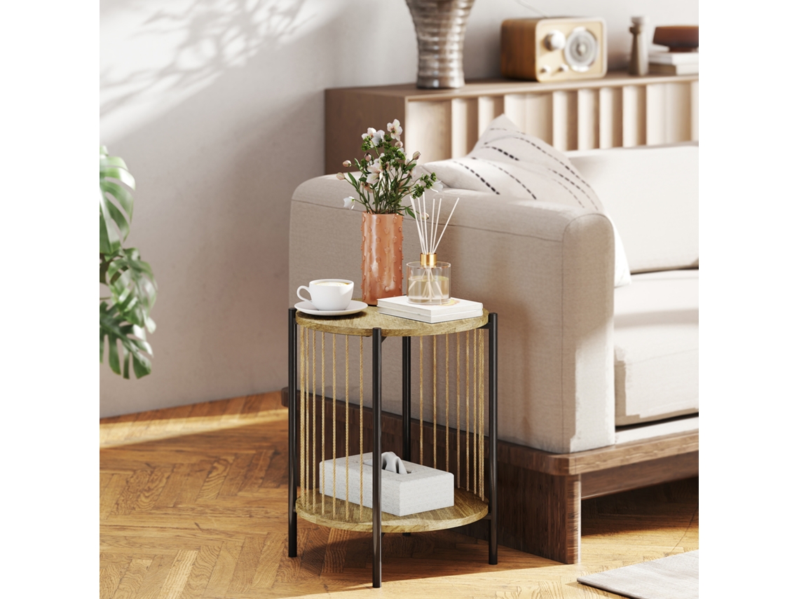 Mesa Redonda Boêmia, 2 Andares, Prateleira, Estrutura de Aço, 43,5x43,5x51 Cm, Madeira e Preto S/MARCA