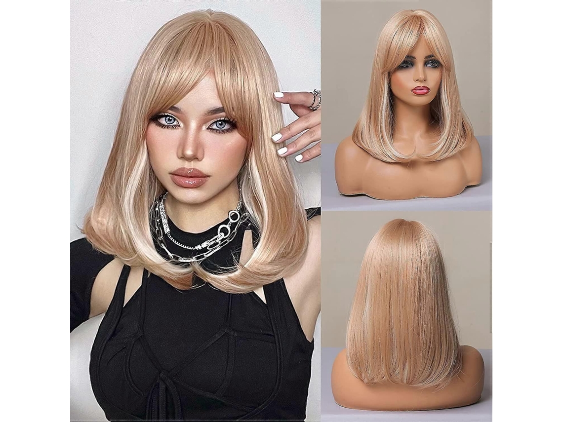 Peruca Feminina Loira Clara Zk ladies, Peruca de um Ombro Só, Cabelo Sintético Liso com Franja, Ideal para Festas, Uso Diário e Cosplay. TAISHENGDA