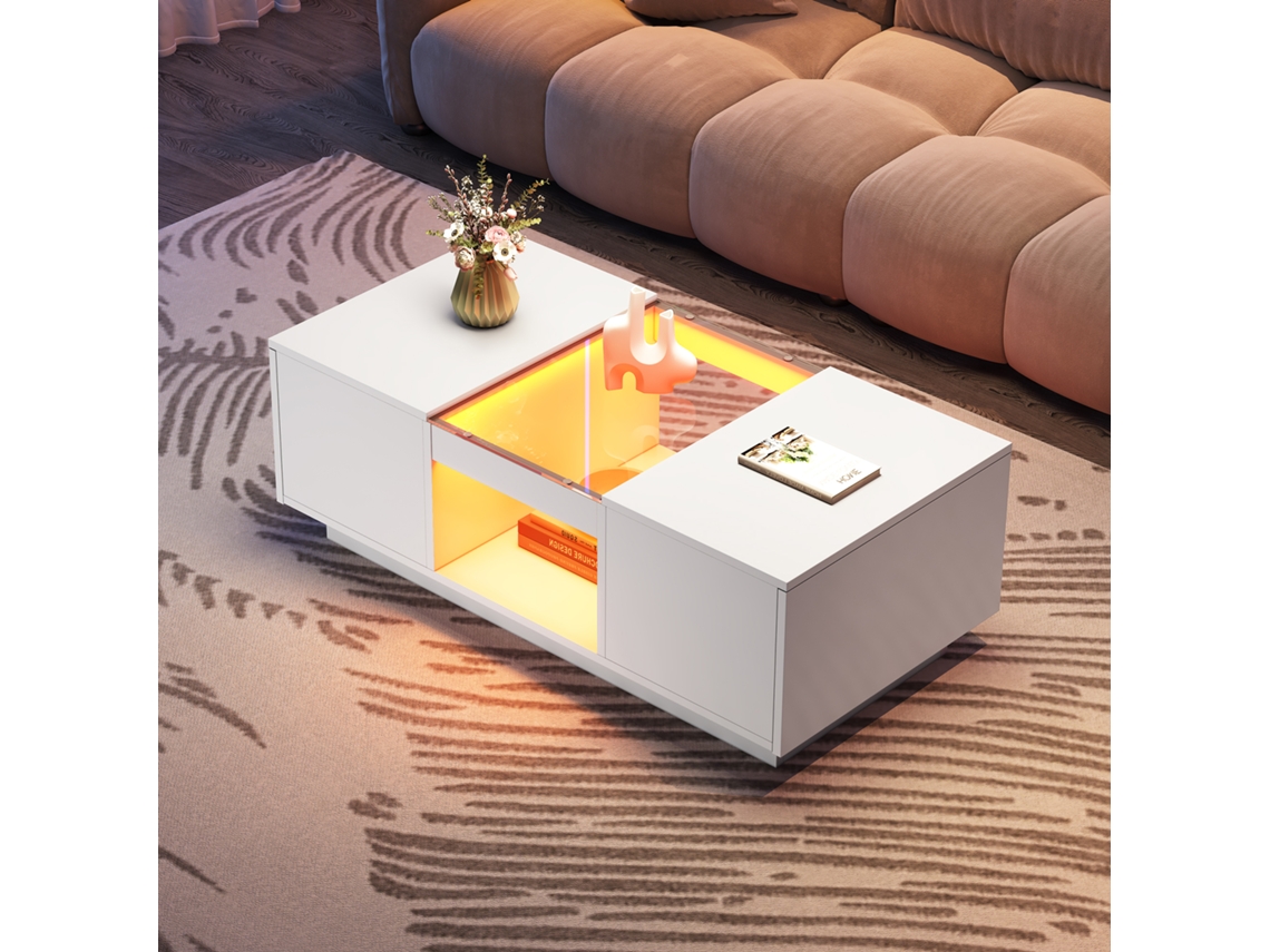 Mesa De Centro Branca 100x50x35,5 Cm Com Tampo De Vidro, Luz Led, Controle Por Aplicativo, 2 Gavetas E 1 Nicho.