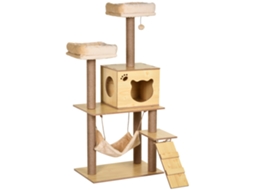 Arranhador para Gatos com Poste de Arranhar de Juta 2 Camas Rede Caverna Bola Suspensa Rede e Rampa 60x40x130 Cm Madeira Ge