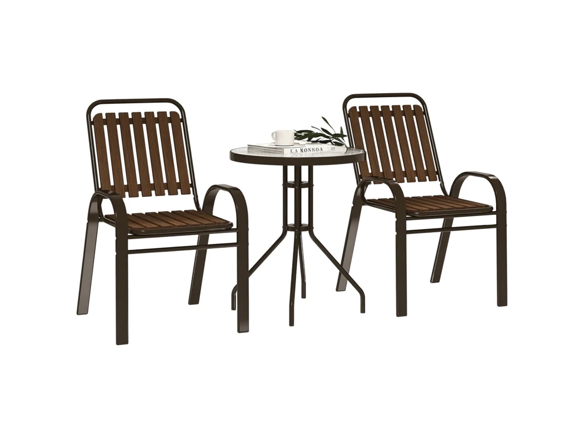 Conjunto de jardim de 3 peças com 2 cadeiras empilháveis e mesa com bancada de vidro, cor marrom escuro
