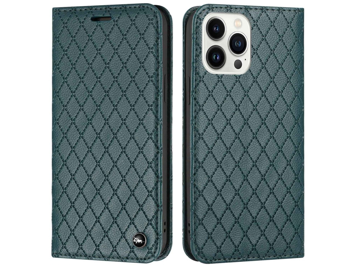 Capa Textura Lichia Bloqueio Para Iphone 14 Pro Max Pele Sintética Anti-riscos Verde