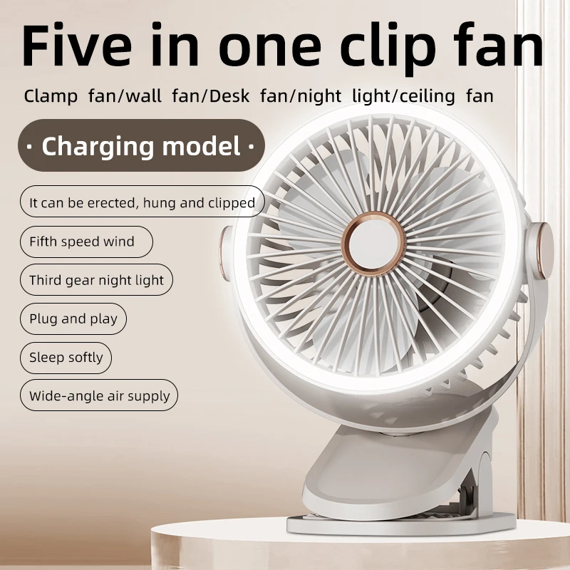 (bege) Clipe Fan, três velocidades, funcionamento silencioso, recarregável, com luz LED, ideal para camping.