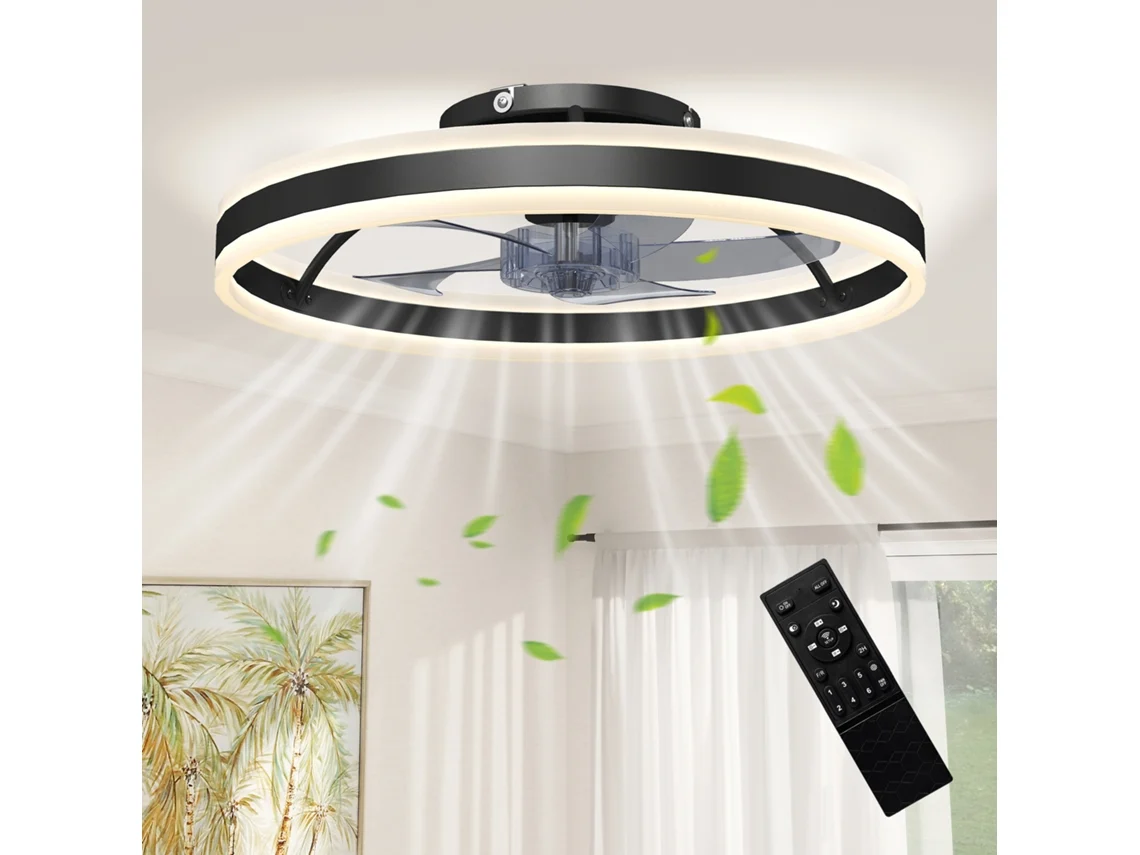 Ventoinha de Teto com Luz Led 6 Velocidades Motor Reversível e Comando Remoto Potência 45w Ø50x13.5 Cm Preto Ge