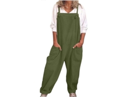 Macacão Casual Feminino Solto Em Algodão E Linho Com Bolsos Pantalones Curtos Jumpsuit Verde