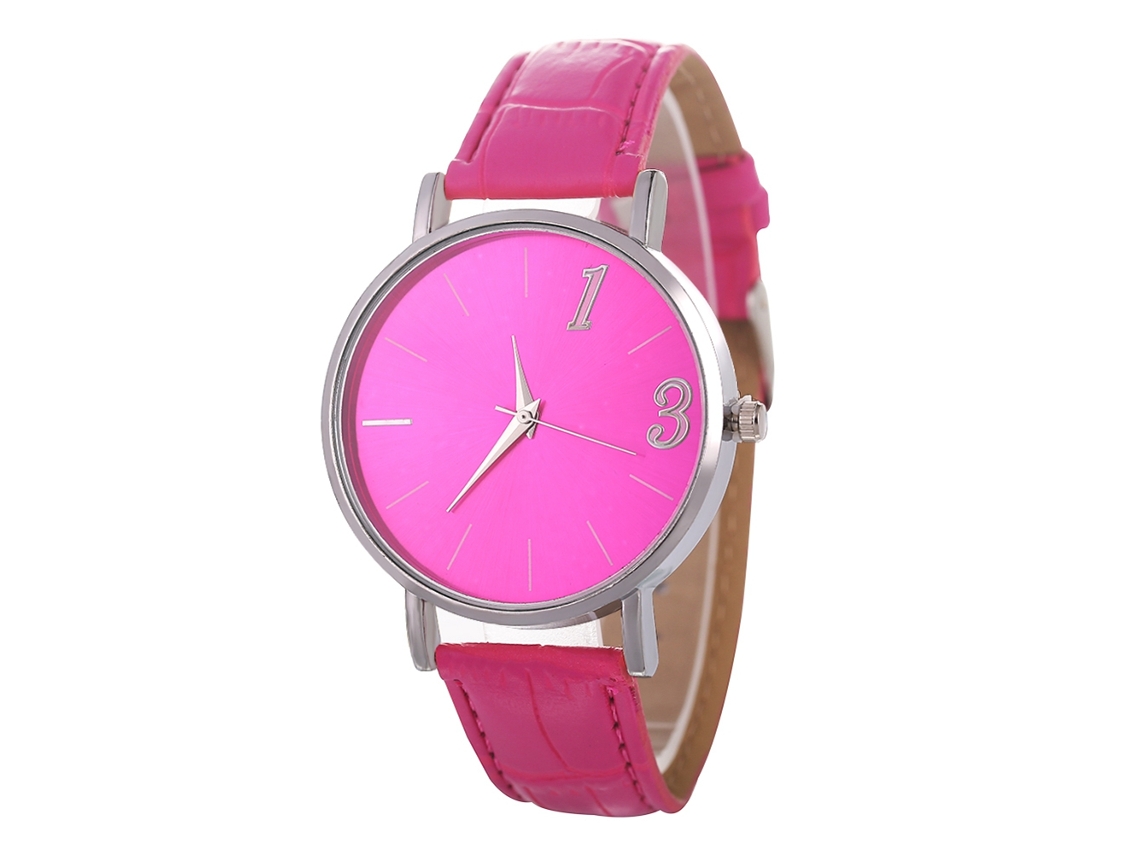 Reloj De Cuarzo Con Correa De Cuero Pu De Moda Para Parejas, Dial Redondo, Color Rojo Rosa
