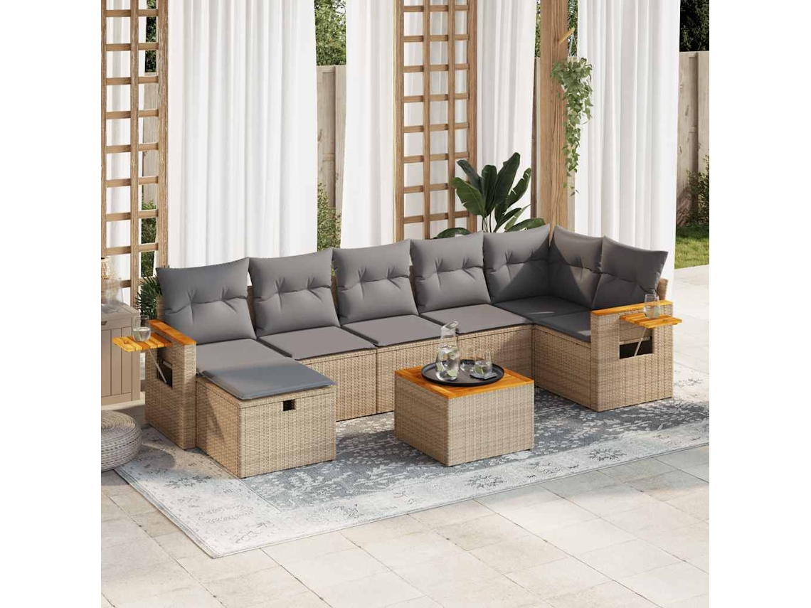Vidaxl 8 Pcs Conjunto De Sofás P/ Jardim Com Almofadões Vime Pe Bege