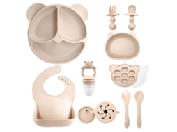 Conjunto de Talheres Bebé CHRUI 6+ Meses Antiderrapante Prato Tigela Copo Babador (bege)