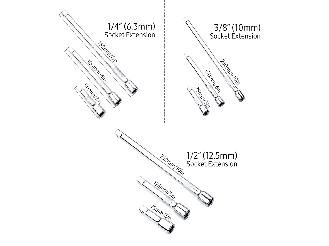 Kit De Extensões Para Chaves De Seta Geevorks 16pcs Com Adaptadores E Juntas Universais 1/4 3/8 1/2 Polegada