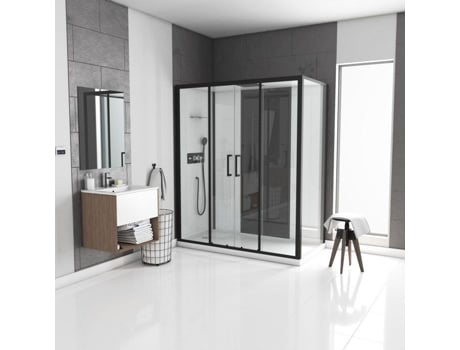 Cabine De Duche Retangular 170x90x207,5cm Branca Com Base Plana Perfil Preto Mate Infinity Low Aurlane