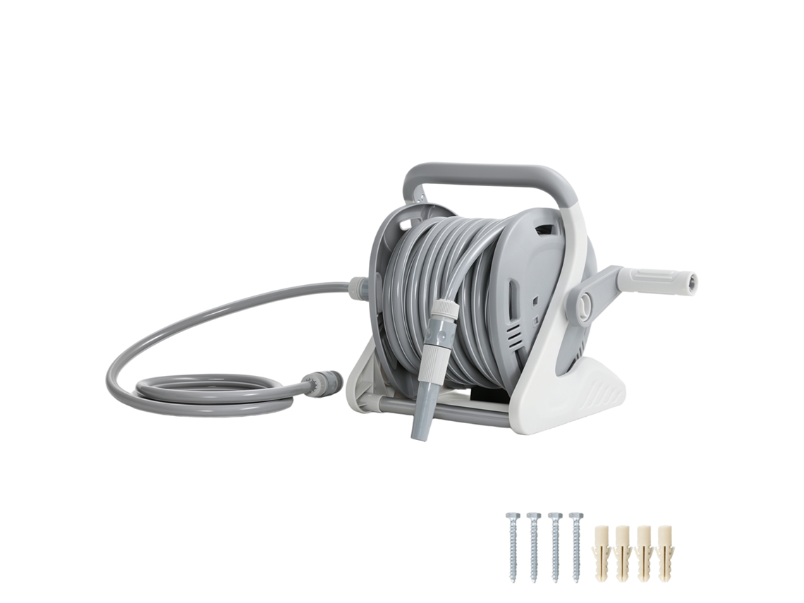 Carretel Mangueira Jardim Parede 20e 2m X Ø15mm Portátil com Bocal2modos Cinzento