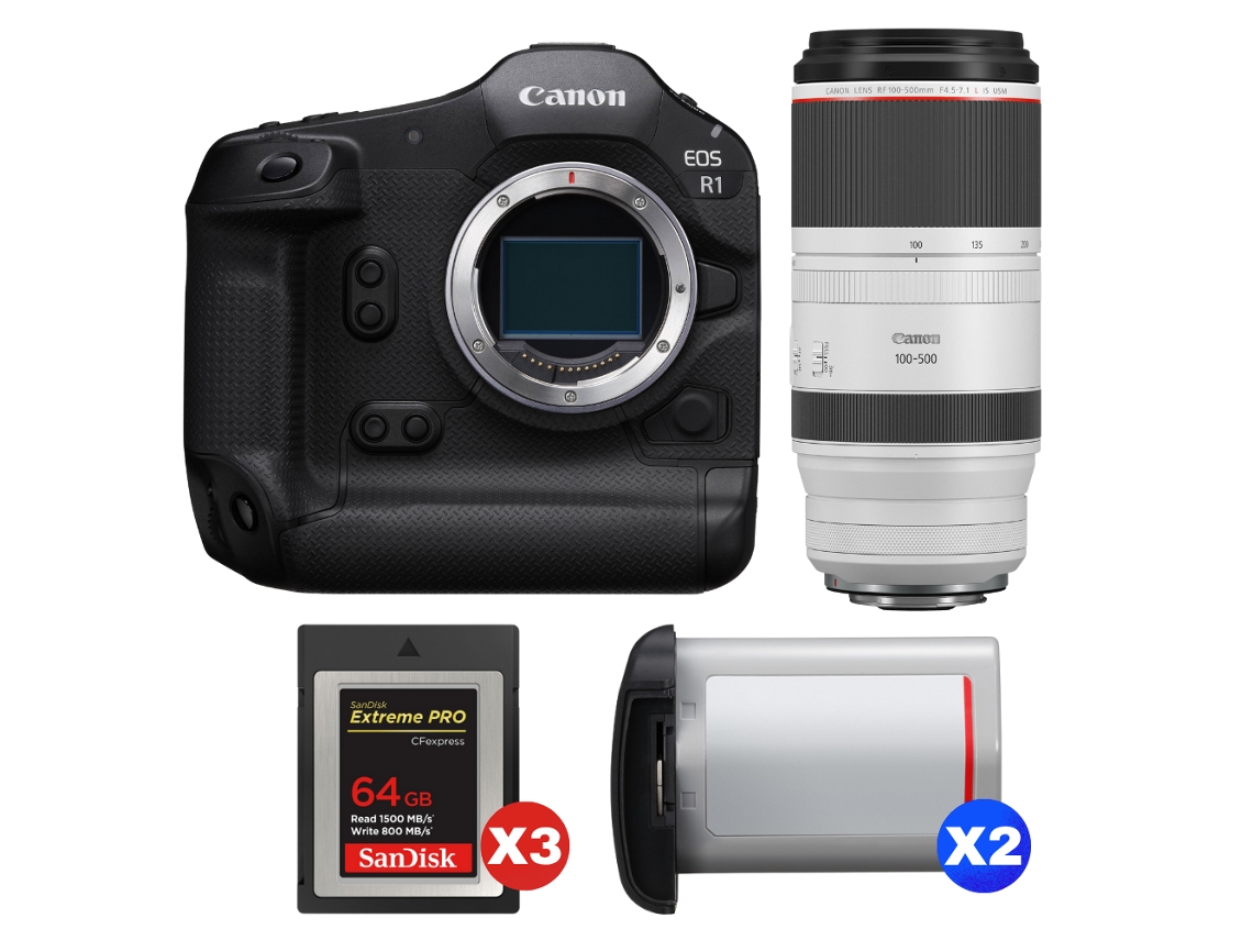 Eos R1 + Rf 100 500mm F/4.5 7.1 L Is Usm + 3 Sandisk 64gb Extreme Pro Cfexpress Type B + 2 Canon Lp e19 + Ebook Pricedirect CANON