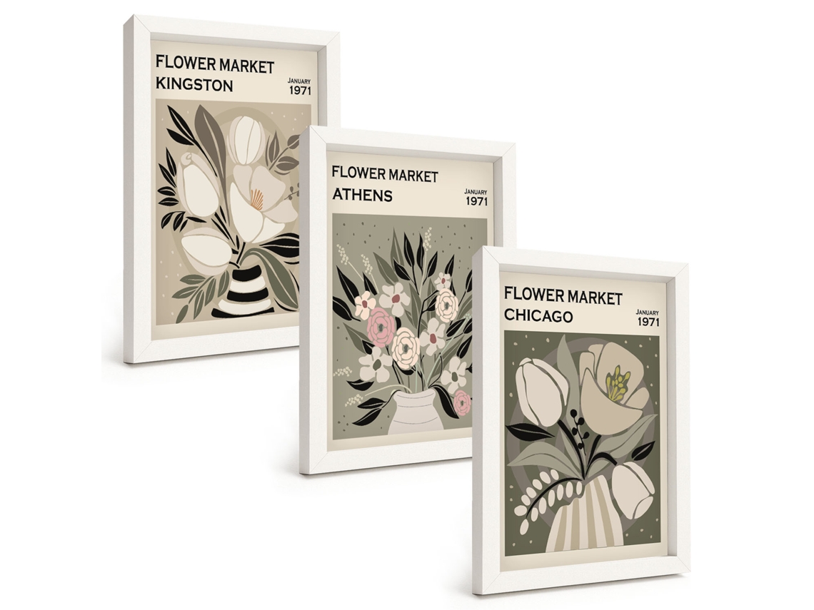 Pinturas Murais Modernas Composições Florais Retrô Moldura Branca Fotos Para O Escritório Espelharte (3 Peças 20x30 Cm)