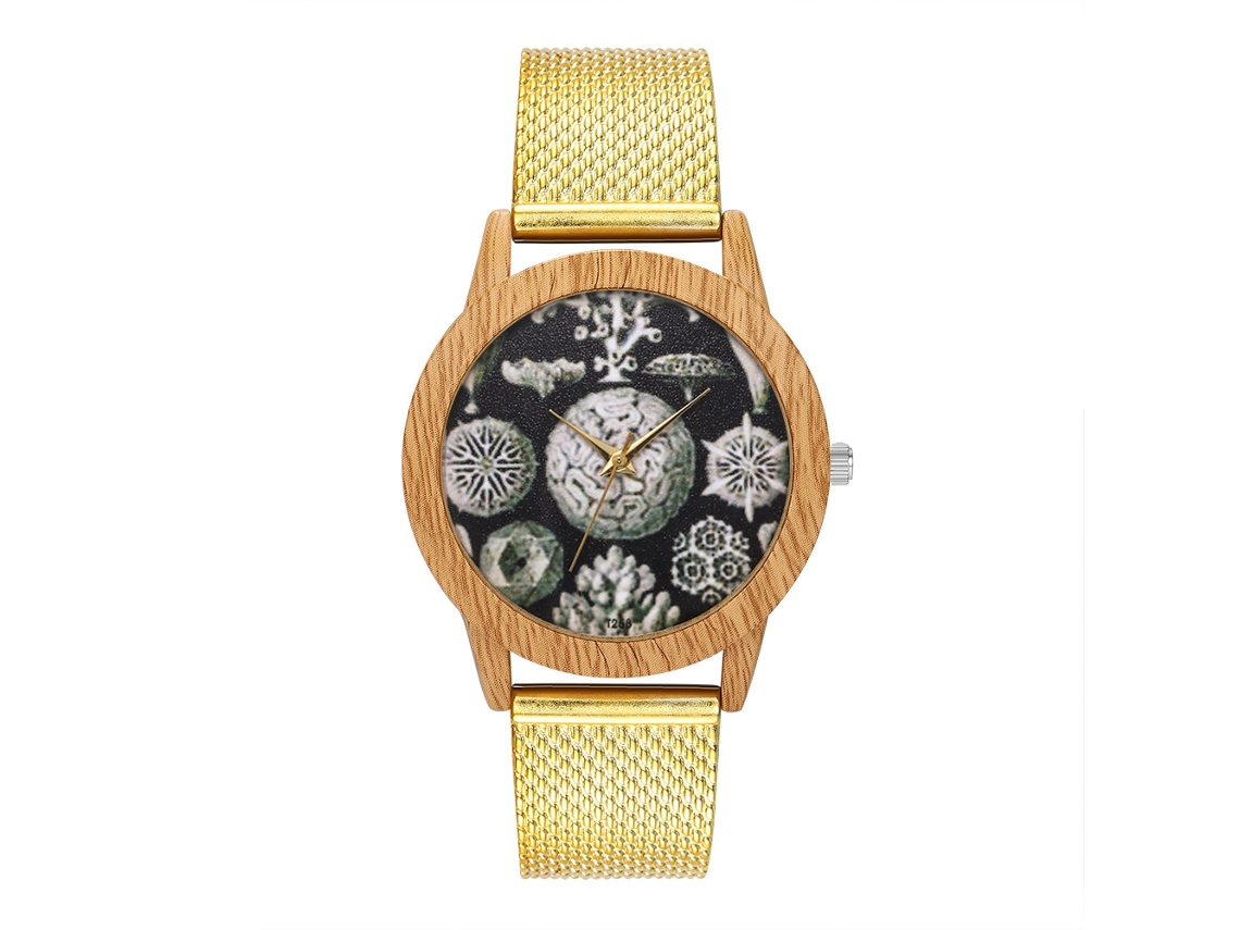 Reloj De Cuarzo Unisex Pareja Correa De Silicona Malla Con Textura De Madera Oro