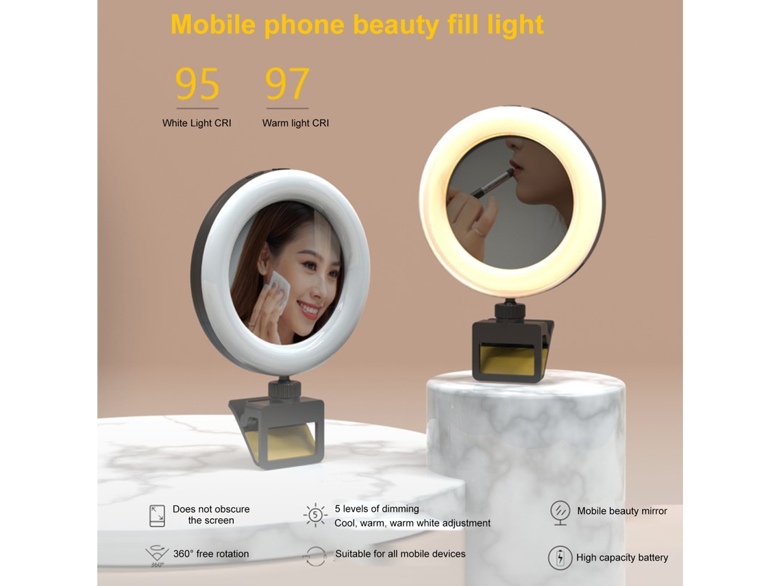 Luz de anel para selfie portátil 2026 com pino USB, 3 núcleos, brilho regulável e ângulo ajustável para celular, PC e reuniões. Maquiagem ao Vivo