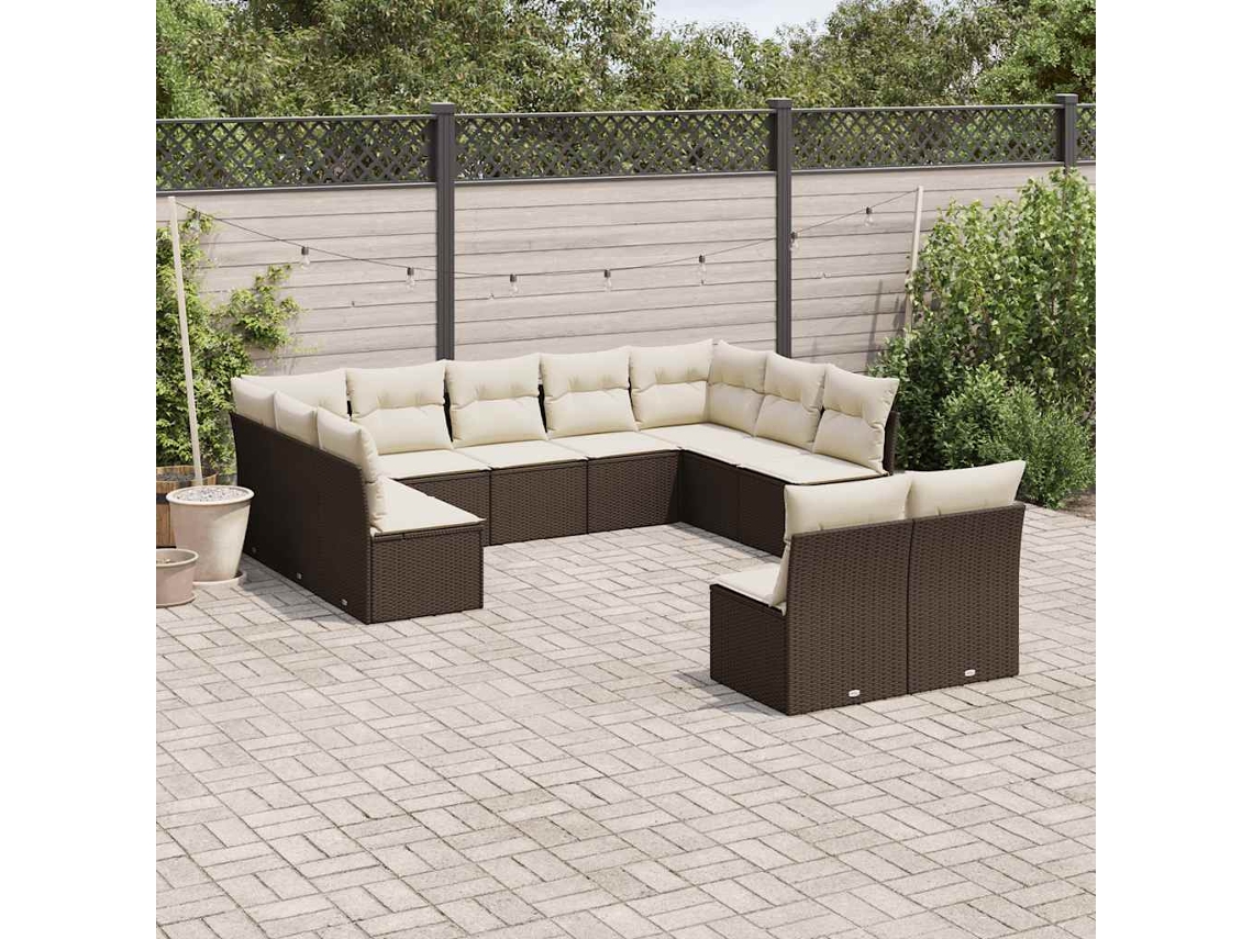Vidaxl 11 Pcs Conjunto Sofás De Jardim C/ Almofadões Vime Pe Castanho