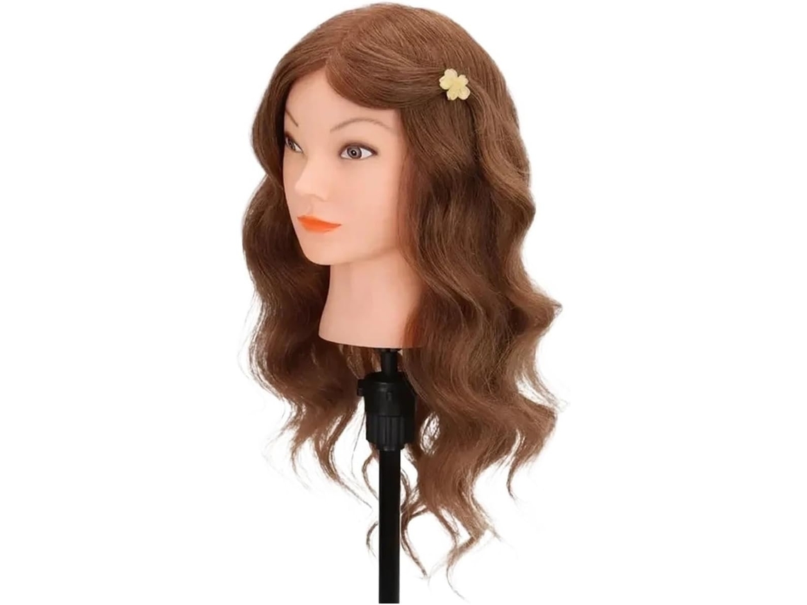 Cabeça de Manequim SFUSHOS com Cabelo Natural, Tripé, Cor Castanha para Cosmetologia