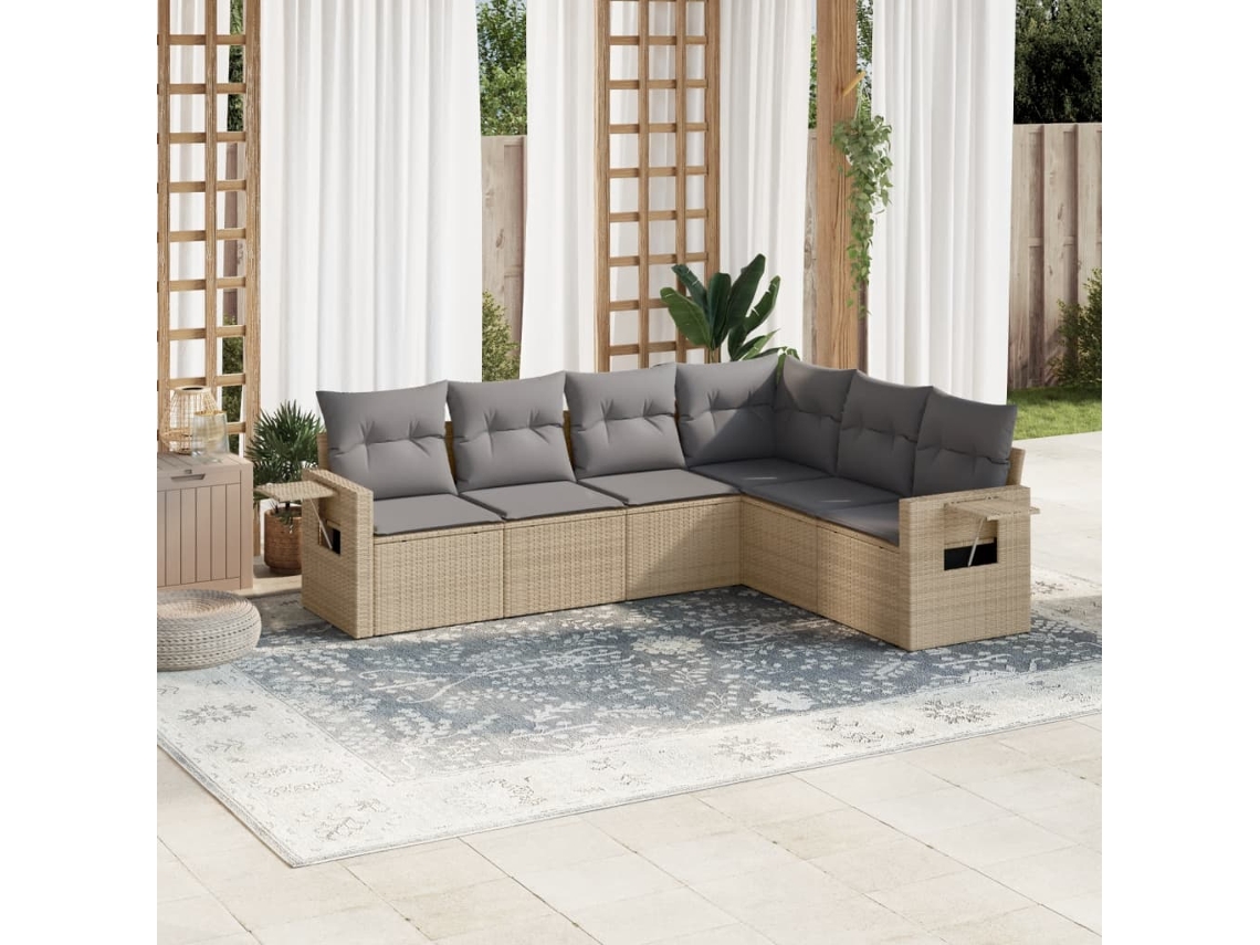 Vidaxl 6 Pcs Conjunto De Sofás P/ Jardim Com Almofadões Vime Pe Bege