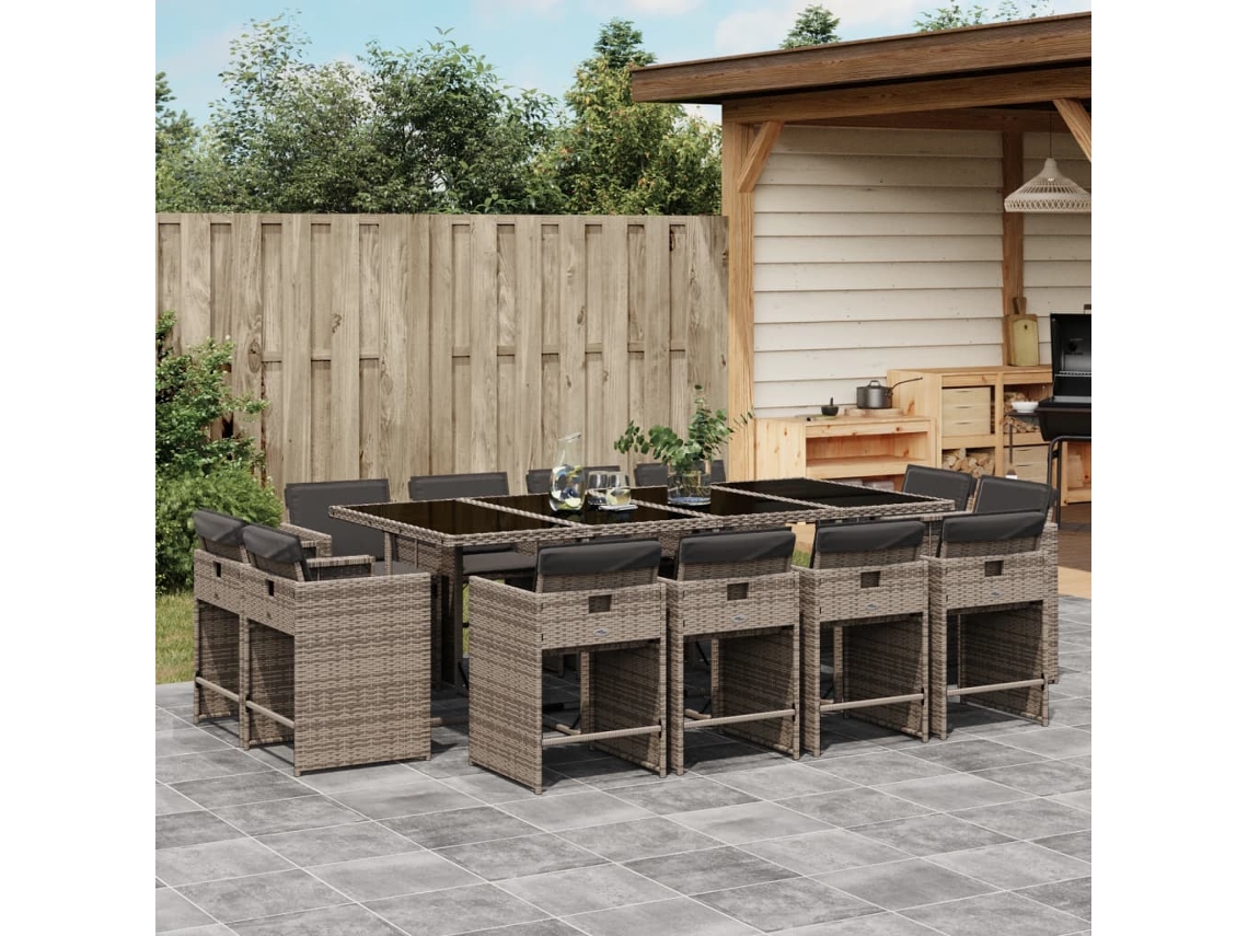 13 Pcs Conjunto Jantar P/ Jardim C/ Almofadões Vime Pe Cinza Dkd Home Decor