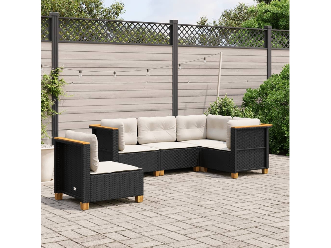 Vidaxl 5 Pcs Conjunto Sofás De Jardim Com Almofadões Vime Pe Preto