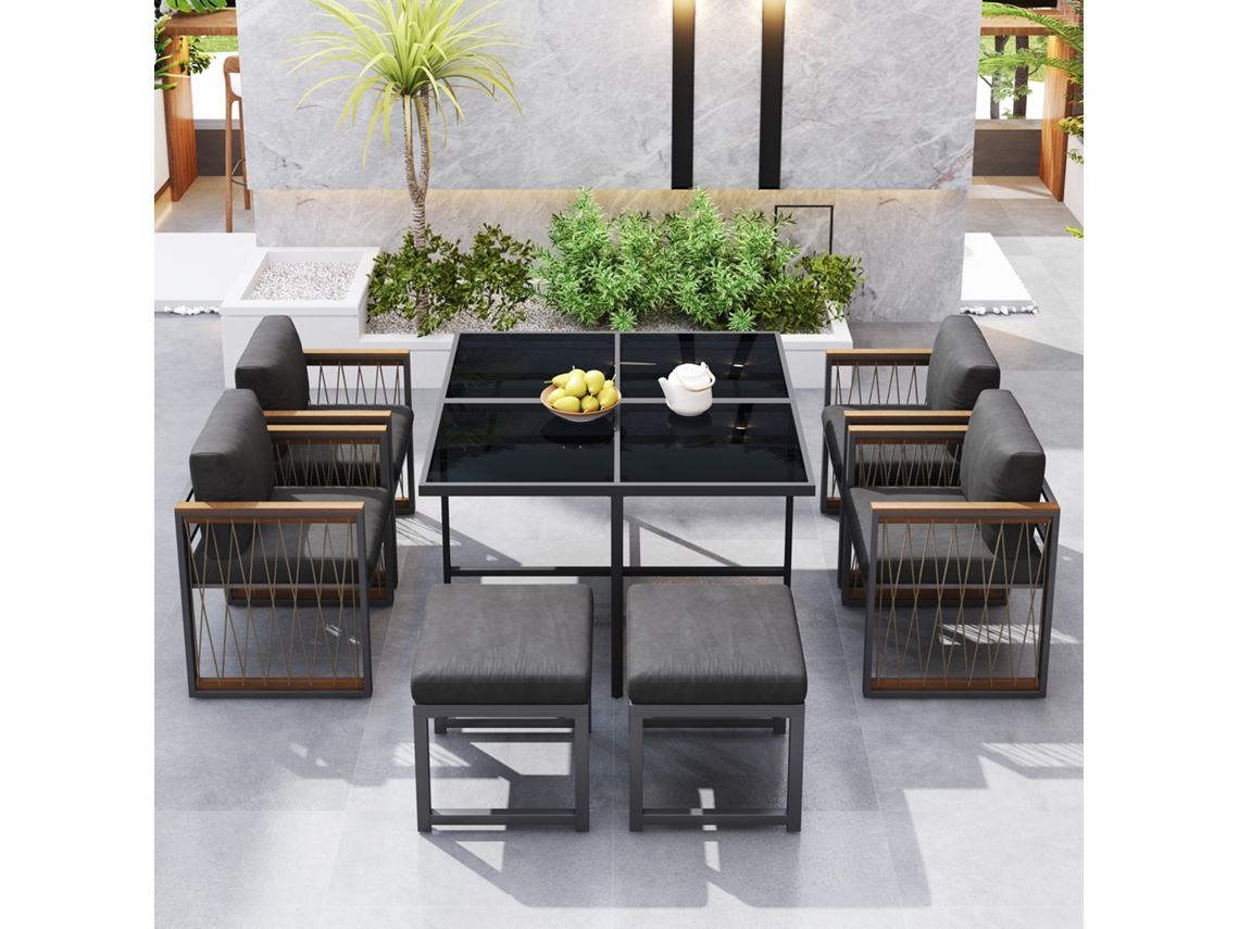 Conjunto de Mesa e Cadeiras VELTRIX para exterior, 7 peças, vidro temperado