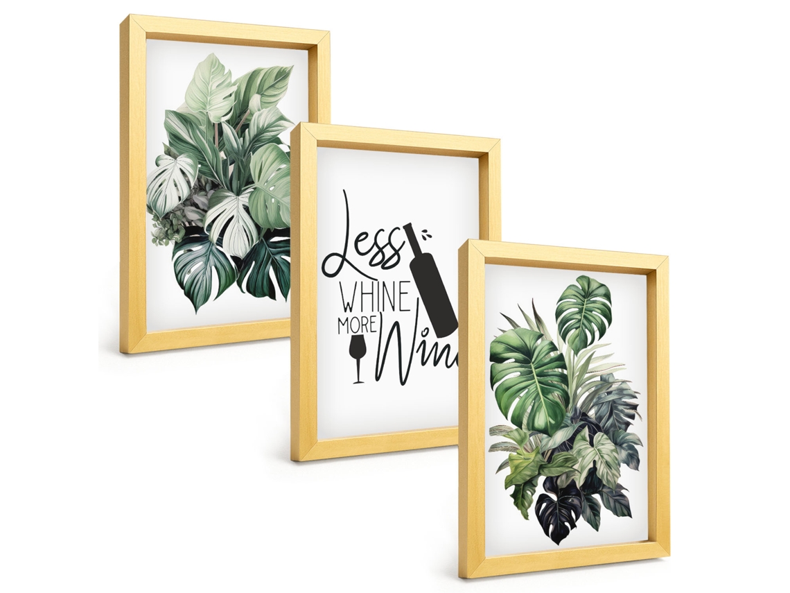 Composição De Quadros Na Paredefolhas De Plantas Em Vinho Verde Moldura Dourada Quadros Para A Sala De Estar Espelharte (3 Peças 20x30 Cm)