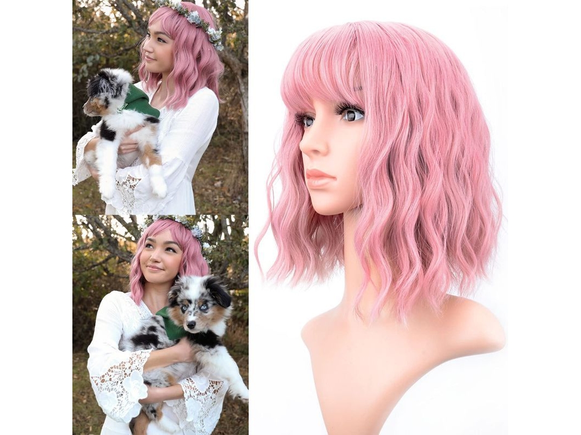 Peruca Ondulada Suave com Franja Aérea Cabelo Curto Bob Sintético Uso Diário Cosplay Cor Rosa 12 Polegadas