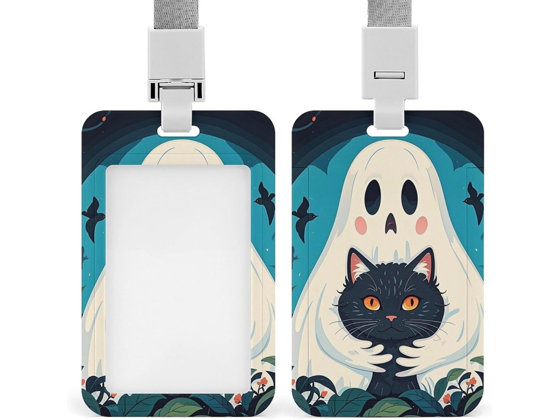 Suporte para cadeira com clipe, estampa de gato fantasma branco e fofo, com cordão, ideal para mesas e reuniões de negócios.
