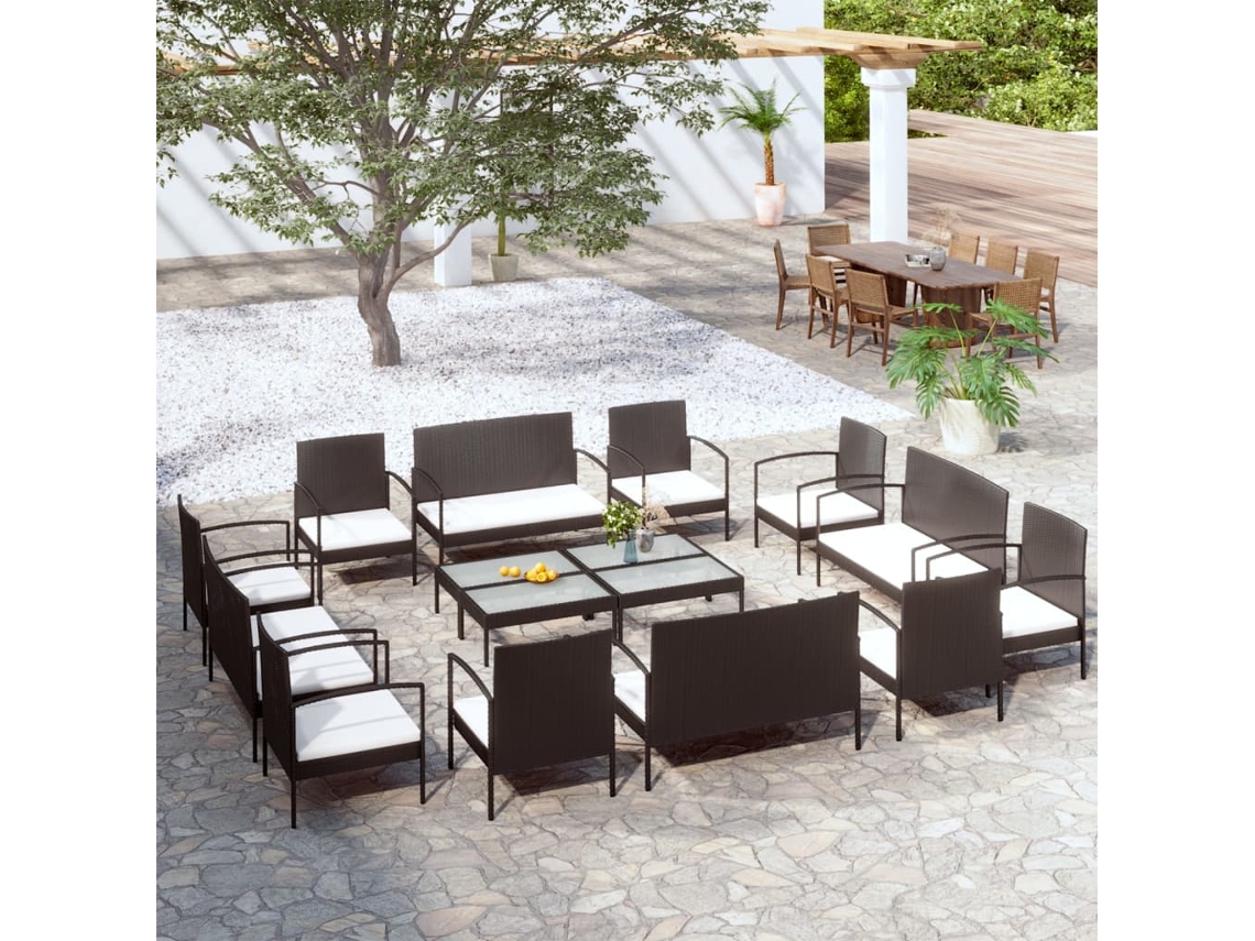 Vidaxl 16 Pcs Conjunto Lounge De Jardim C/ Almofadões Vime Pe Preto