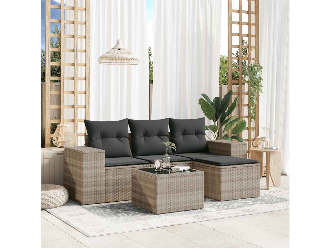 Vidaxl 5 Pcs Conj. Sofás Jardim C/ Almofadões Vime Pe Cinzento-claro