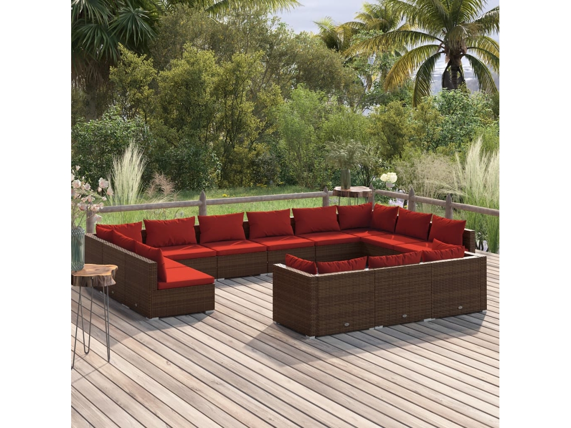 Vidaxl 13 Pcs Conjunto Lounge Jardim C/ Almofadões Vime Pe Castanho