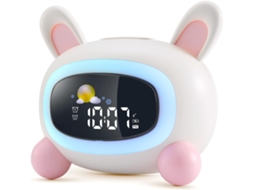 Despertador infantil com luz noturna de cinco núcleos, brilho ajustável e visor automático de temperatura Cxc (branco/rosa, 11,5 x 13 cm)