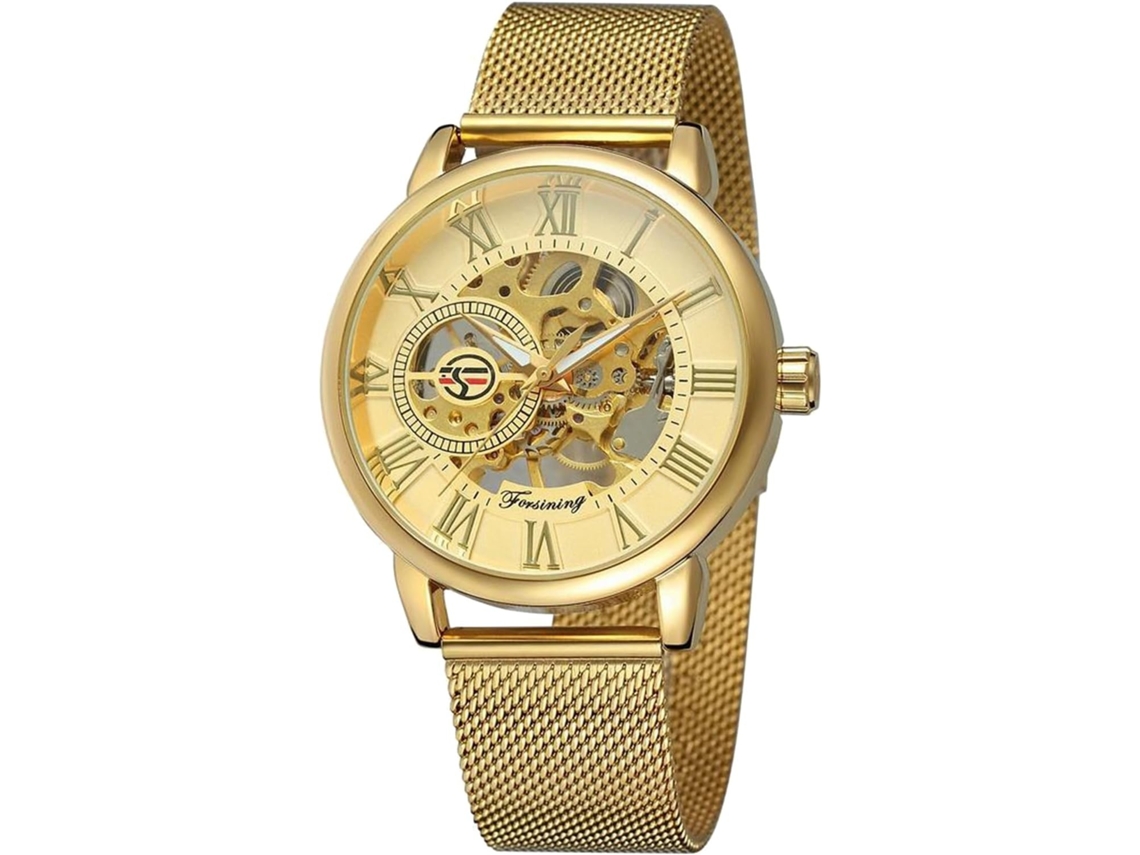 Lurelia Relógio Mecânico, Automático, Luminoso, Mostrador Esqueleto, Aço Inoxidável, Branco, Dourado