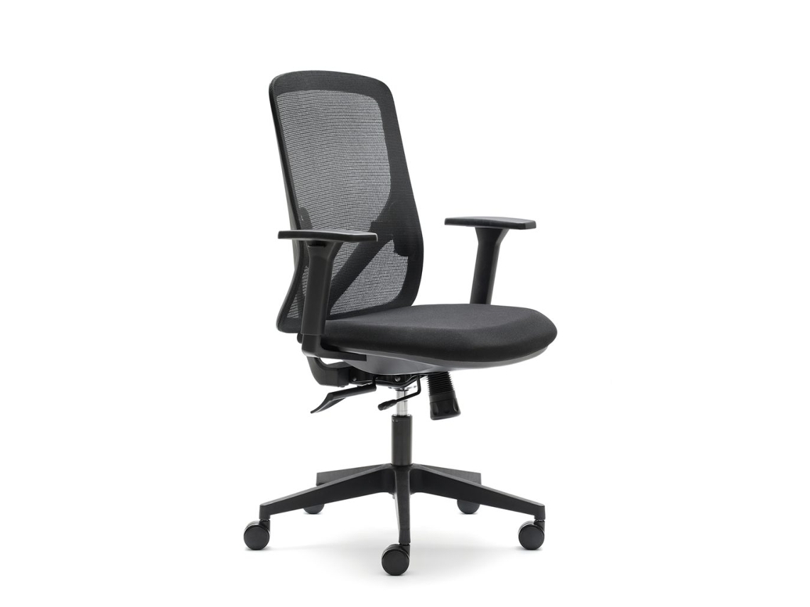 Cadeira de Escritorio Ergonómica EUROMOF Lyon Preto Braços Reguláveis Adequada para 120Kg Lombar Assíncrona